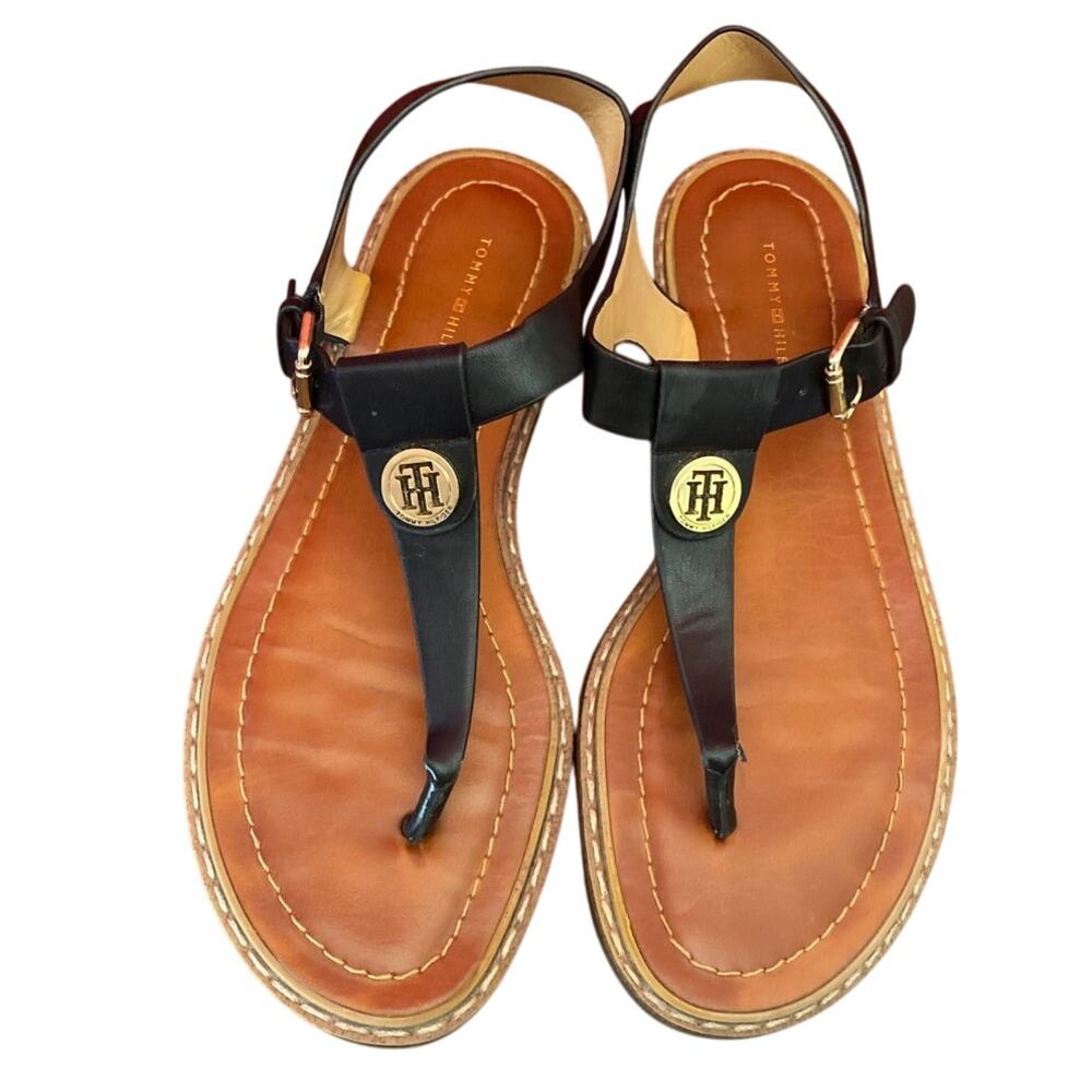 Women's Tommy Hilfiger Burke Flat Sandal Women's Size 7.5 M Black Brown T Strap
